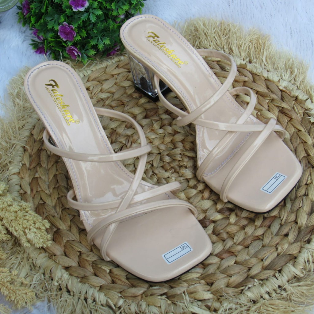 Sandal wanita hak kaca 7cm slop tali silang