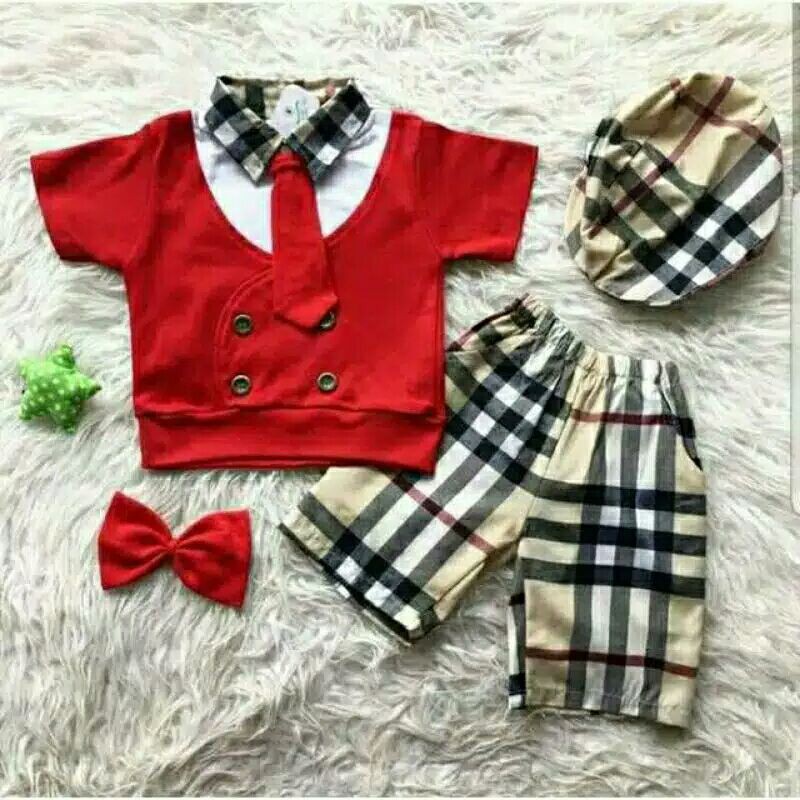 Baju anak bayi laki laki setelan rompi pesta kondangan golf set 2 dasi dan topi usia 3-12 bulan C025