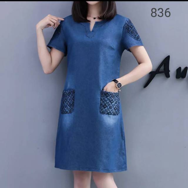 DRESS JEANS WANITA LENGAN PENDEK V_NECK BORIDR KANTONG + TANGAN