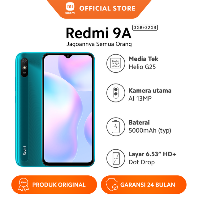 Xiaomi Redmi 9A (3+32GB) Layar DotDrop 6.53" HD+, Baterai