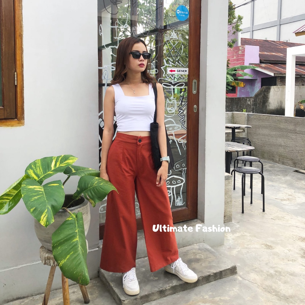 Celana Kulot Loose Pants Linen Kancing Cullote Highwaist HW Wanita Import Premium Model Korea Kekinian Real Pict 229 Angel