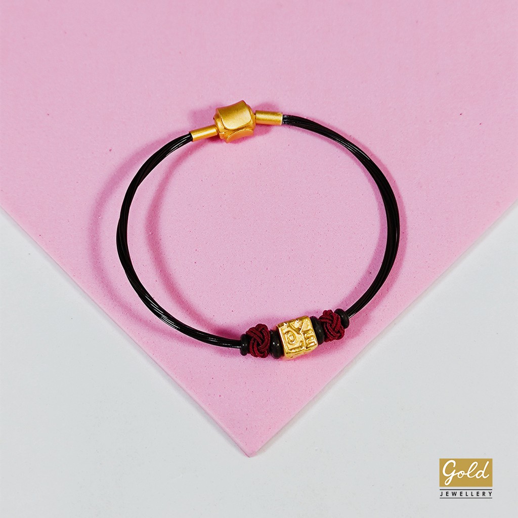 Gelang tali emas hongkong 24k 999 charm love cube tali serat hitam