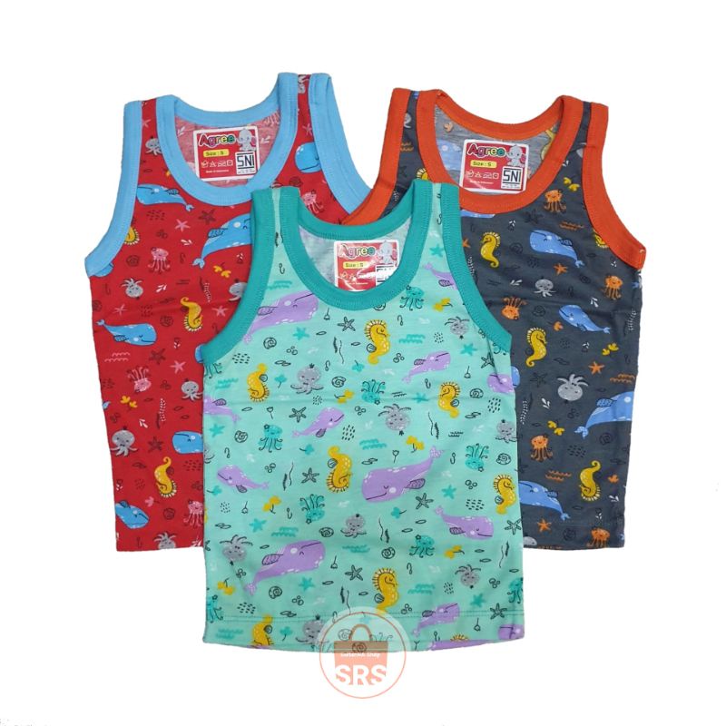 (3 Pcs) Singlet Caracter Bayi Agree  XL, L, M, S Kaos Singlet Balita, Anak, Baju Buntung Agree Kids Print