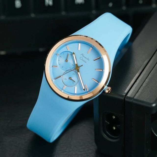 Jam Tangan Alexandre Christie AC 2663 BF Tali Rubber Biru Muda Wanita / Cewek Original