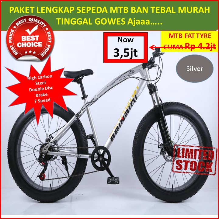 MURAH Paket Lengkap Sepeda MTB BEINAIDI Fat Tyre HIGH CARBON STEEL 7 Speed