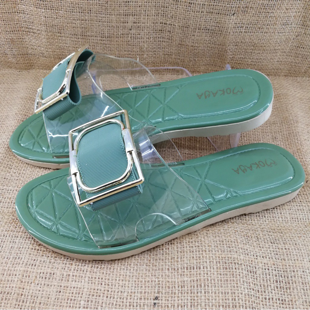 Sandal Slop Jelly Wanita Mika Gesper Kotak Besar Cantik Import Mokaya/ size 37-41 (CGL-9077-1)-Hijau