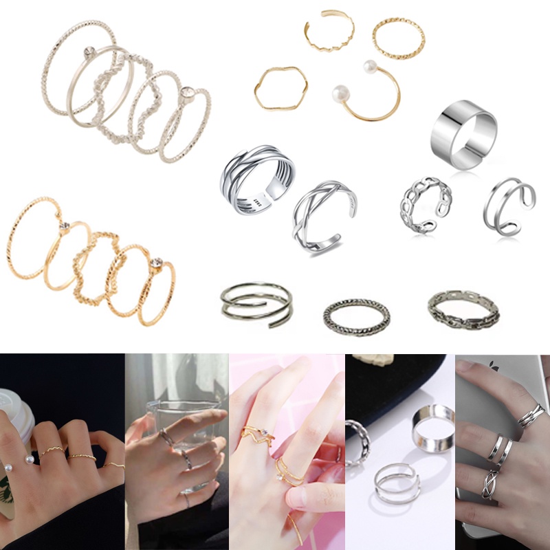 5Pcs / Set Cincin korea rantai Jari Aneka Bentuk Warna Silver untuk Cincin Wanita