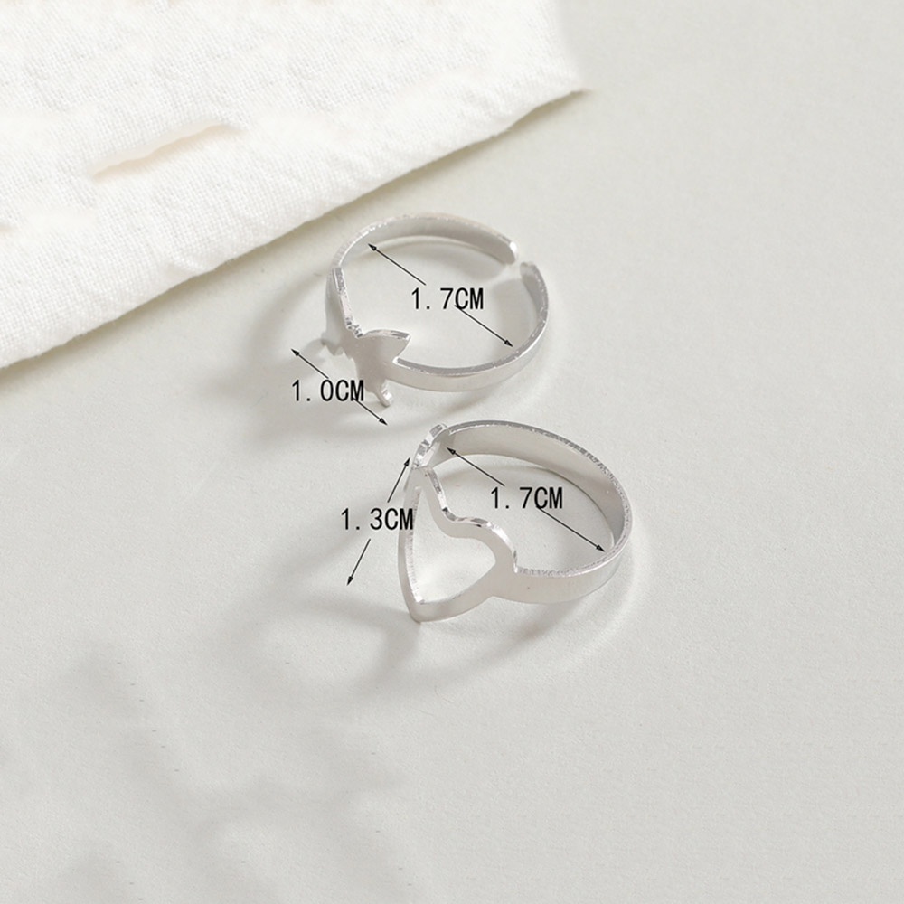 2pcs / Set Cincin Model Terbuka Bahan Metal Lapis Silver Desain Kupu-Kupu / Hati Adjustable Untuk Wanita