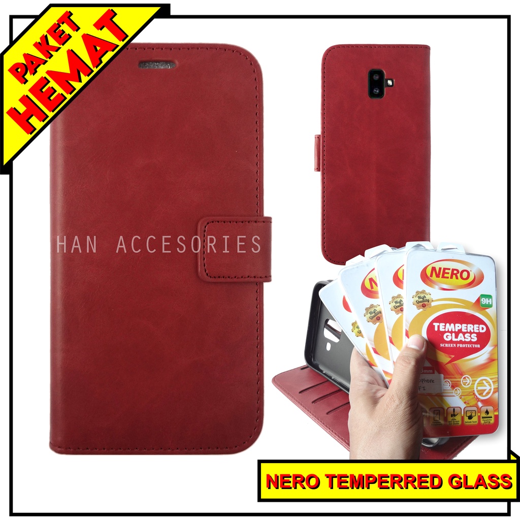 (PAKET HEMAT) Fashion Selular Flip Leather Case Samsung Galaxy J6 2018 Flip Cover Wallet Case Flip Case + Nero Temperred Glass