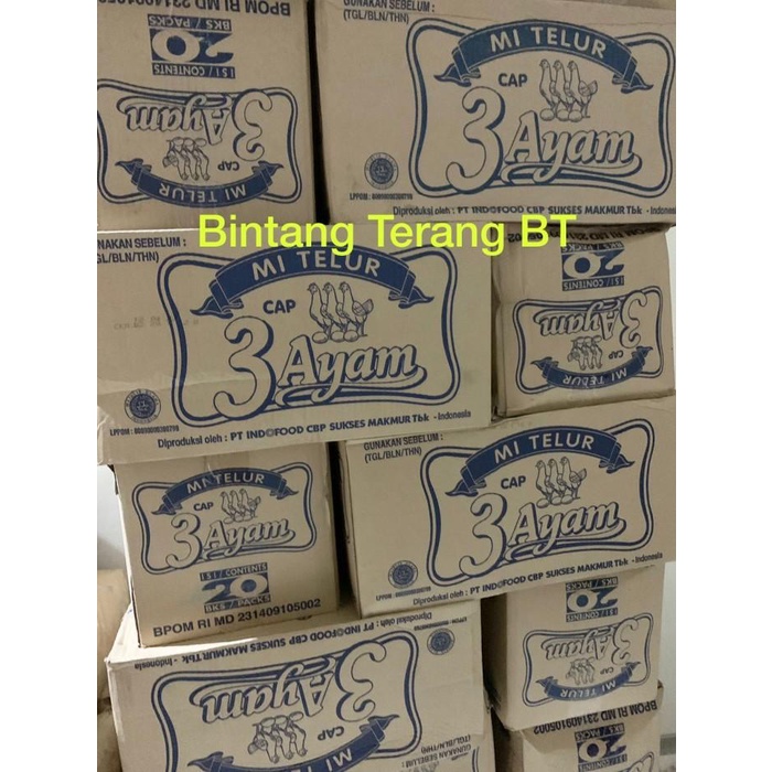 

Mi Telur / Mie Telor Cap 3 Ayam per 1 Dus Karton isi 20 pcs x 200 gr