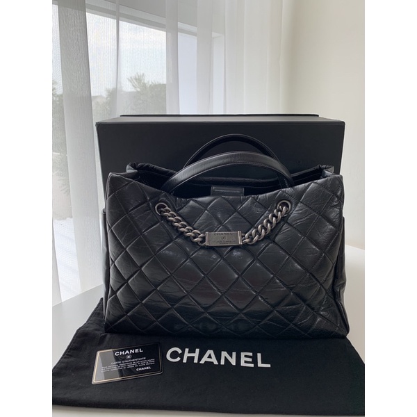 PRELOVED Chanel Nameplate Shopping Tote Bag Leather Black