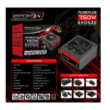 Power supply gaming imperion atx 750 watt 80 plus bronze 120mm fan APFC pureplus ps-pb75 - Psu pc cpu computer 750w