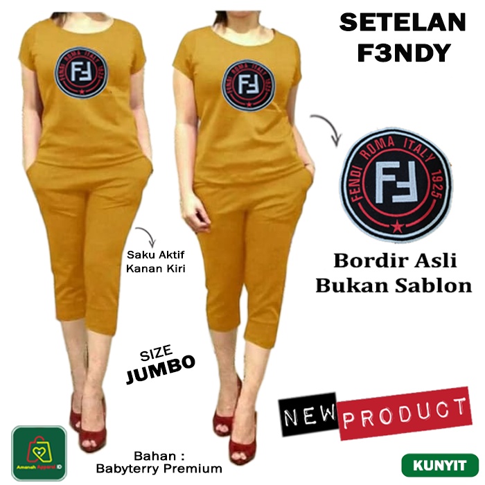 Setelan Kaos Hotpants Wanita F3NDY JUMBO Bordir Bahan Babyterry Premium Hot Pants 7/8 SIze XL - 09251