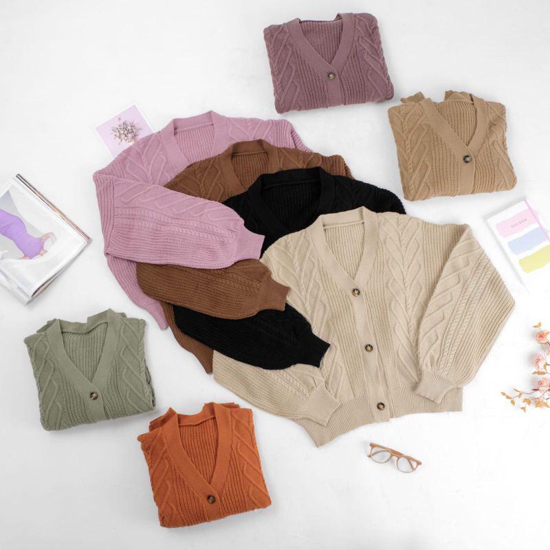 Cardigan Crop Wanita Terbaru Tangan Balon Rajut Tebal Premium Original New Warna Dusty Mocca Mauve T