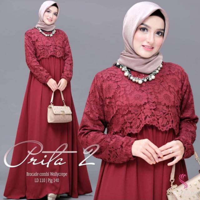 gamis terbaru 2023 lebaran wanita prita dress busui frendly bahan moscrepe mix brukat syahrini