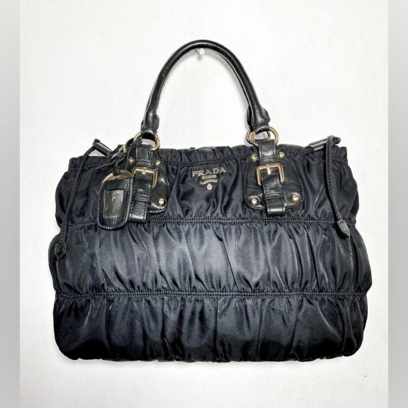 PRADA MILANO Tessuto Serut Nylon Leather Handbag preloved tas wanita