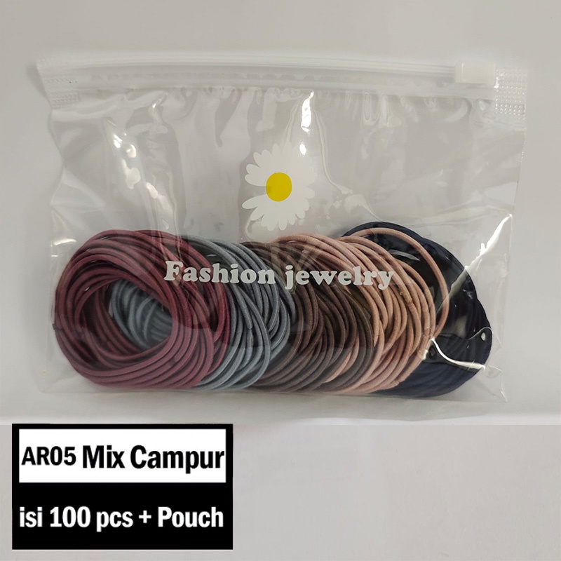 Ikat Rambut Karet Polos Elastis Gaya Korea Wanita / Karet Rambut / Karet Gelang Kucir isi 100pc MCO - AR05-Mix Campur