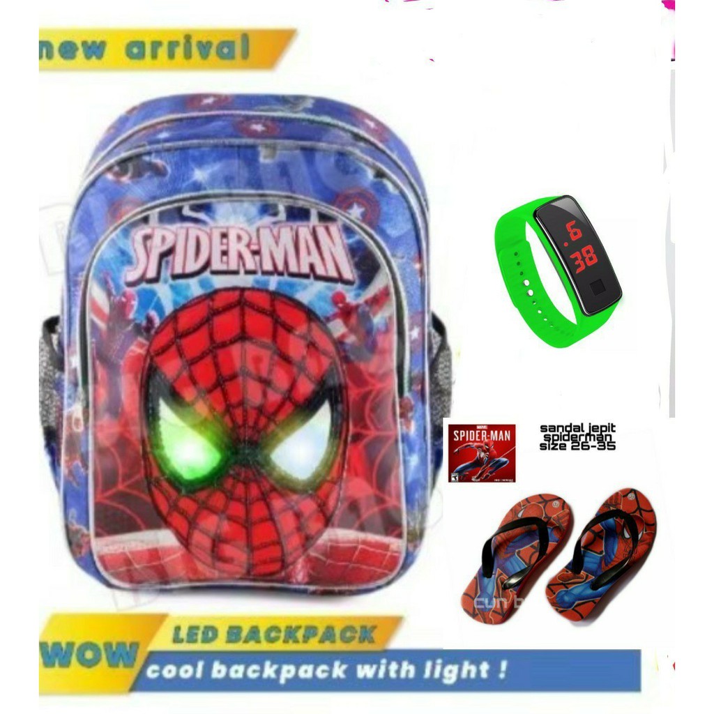 Tas Ransel Sekolah TK SD Tas Backpack Anak Laki Laki Model Spiderman free Sendal dan Jam Tangan