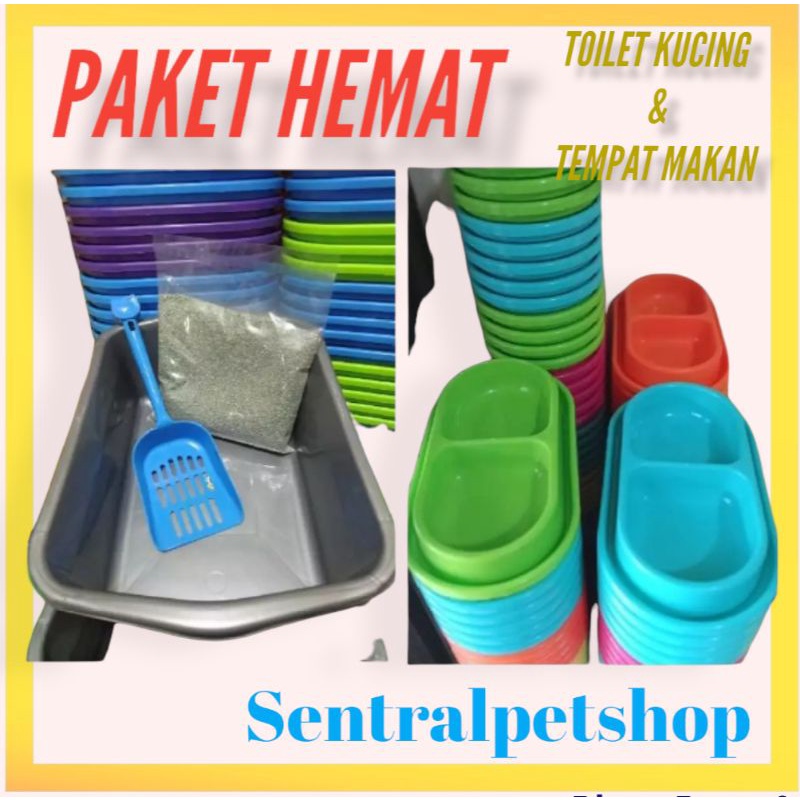 Bak Pasir +Tempat Makan Double GRATIS Sekop + 1kg Pasir paket pasir kucing