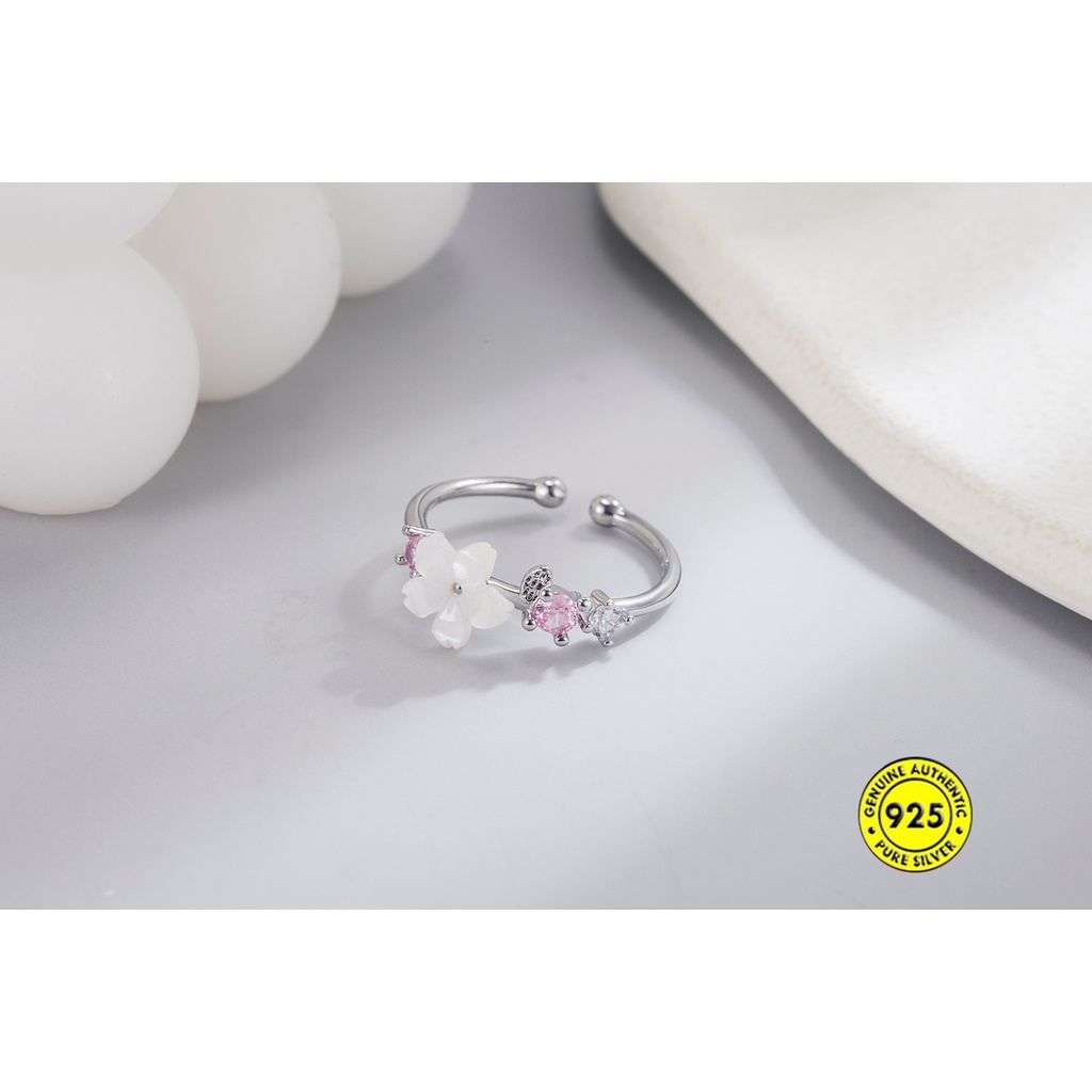 Cincin S925 Silver Bentuk Bunga Sakura Aksen Berlian Untuk Wanita