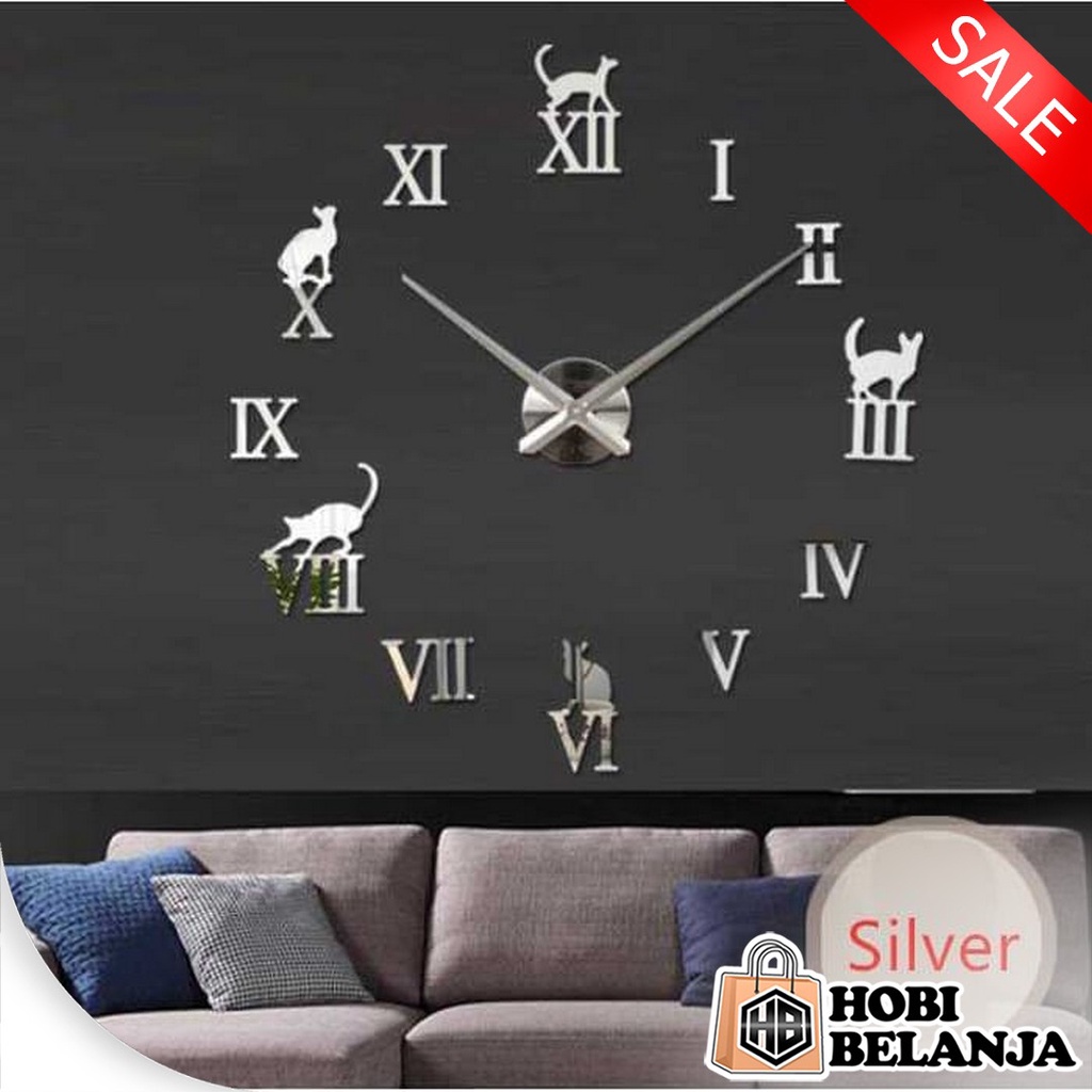 Jam Dinding Besar DIY Giant wall clock Quartz Creative Design model Kucing Lucu-DIY-203-Silver