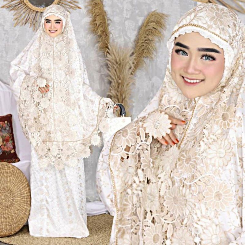 Mukena Mukenah Mukna Jumbo dewasa Renda Bordir Bahan Sutra Paris Prada Ori Premium Sarowski Motif Wa