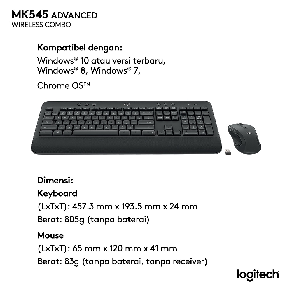 Logitech MK540 Advanced Wireless Keyboard dan Mouse Combo untuk Windows, 2.4 GHz Unifying USB-Receiver, Multimedia Hotkeys, Daya Tahan Baterai hingga 3 Tahun untuk PC, Laptop