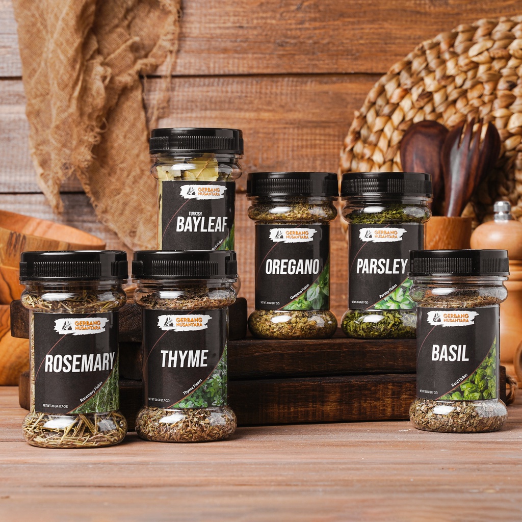 BUMBU DAPUR BASIL OREGANO THYME ROSEMARY PARSLEY FLAKES- REMPAH GERBANG NUSANTARA- DAUN FLAKES BAYLEAF