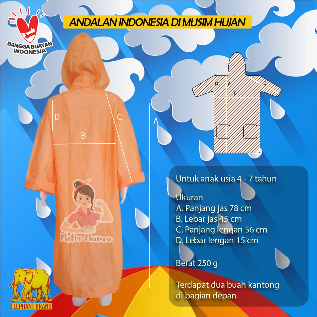 Jas Hujan Anak Raincoat Kiddy Elephant Brand Gajah Asli