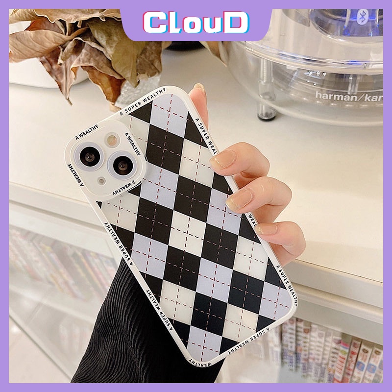 IPHONE Casing Ponsel Motif Grid Berlian Hitam Biru Kompatibel Untuk Iphone11 13 12 14 Pro Max6 6s 7 8 Plus X XR XS MAX SE 2020pelindung Kamera Angel Eyes Lembut Shockproof Penutup Anti Jatuh