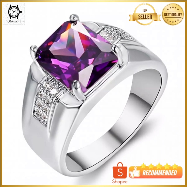 Cincin Pria Perak Kecubung Ungu Ametys Kristal Cutting High Quality Kantoran