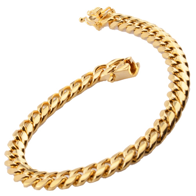 Classic 18K Gold Plated Stainless Steel Miami Cuban Link Chain Bracelet Men 10MM