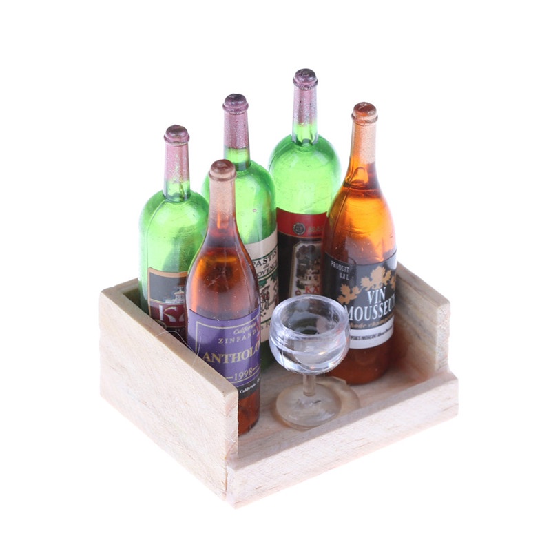 【beautifulhome12.id】Wine Juice Bottles Cup Wood Rack 1:12 Dollhouse Drink Miniature Accessory