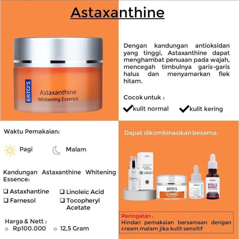 BPOM ERTO'S Astaxanthine Whitening Essence Pencerah Wajah Krim Wajah Menyamarkan Flek Noda Hitam