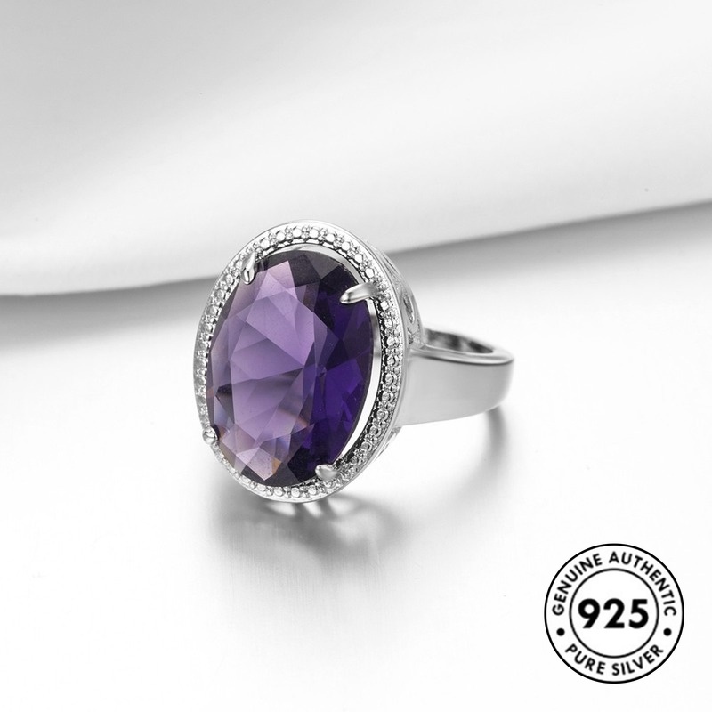 Cincin Silver S925 Hias Batu Permata Amethyst Besar Elegan Untuk Wanita