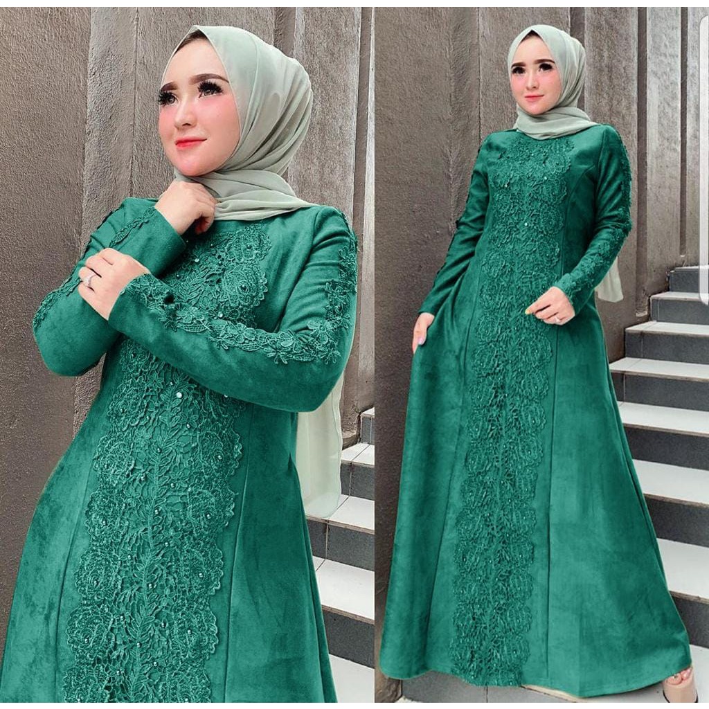 XC - Dress Brokat Linken / Dress Maxi Jumken / Fashion Muslim Model Brukat Idul Fitri-Ijo Botol
