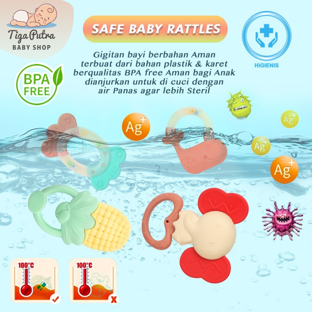 Teether Rattle Mainan Gigitan Bayi Silikon 3 4 Bulan Teether BPA Free