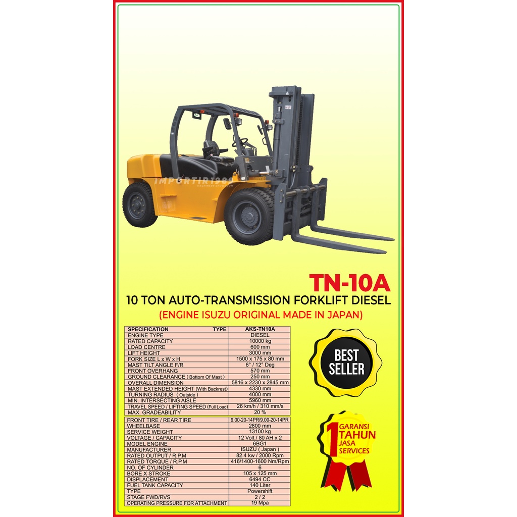 Forklift 10 ton x 3 meter Auto Transmission Diesel Engine ISUZU Original Jepang 82.4 Kw - TN10A - Im