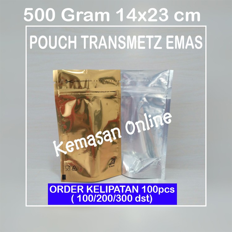 Kemasan Standing Pouch Transmetz Emas 500gram Zipper