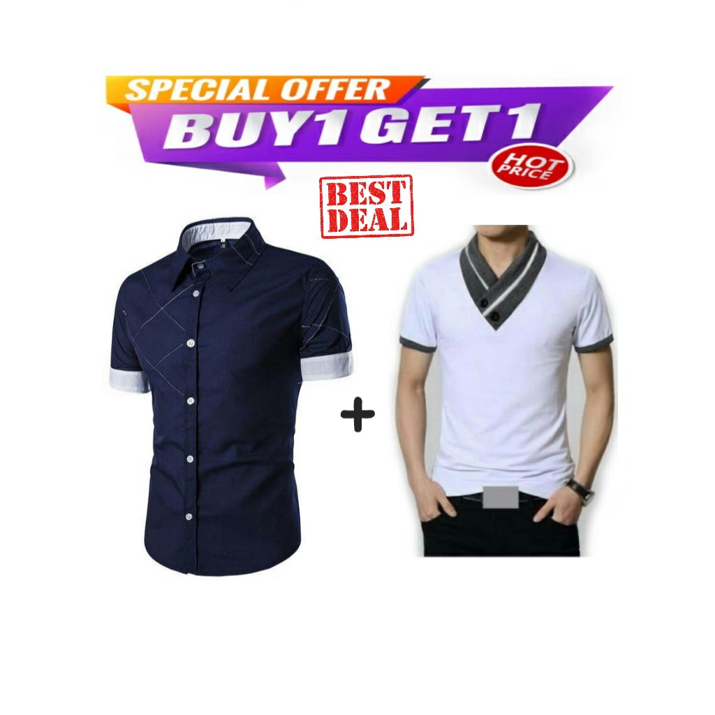 BOSBAJU Buy 1Get2 Kemeja hem  kaos pendek  pria  cowok  laki 