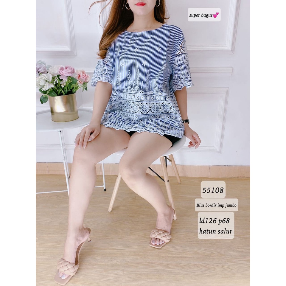 55108 Blus bordir jumbo. Bahan katun salur jumbo. Order tanya stok ya