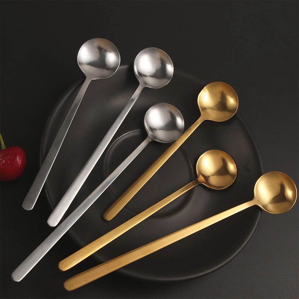 1pc Sendok Teh / Kopi / Es Krim / Buah Bentuk Bulat Bahan Stainless Steel