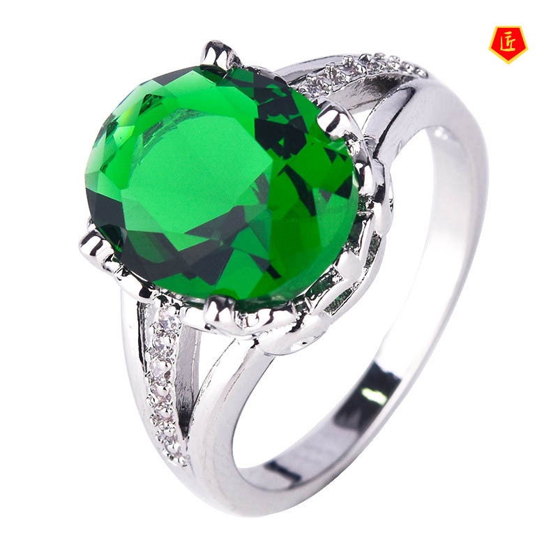 [Ready Stock]Fashion Elegant Green Colored Gems Ring Female 925 Silver