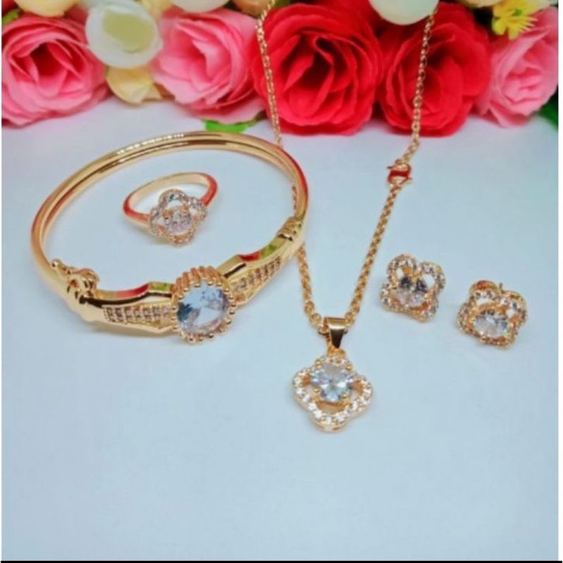 Set perhiasan wanita motif mata satu Cristal putih full permata perhiasan wanita elaegan mewah termurah