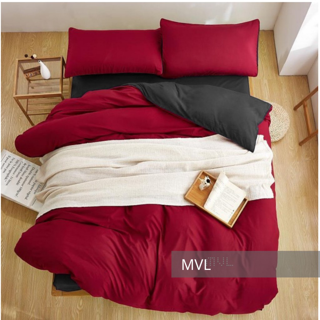 Bedcover Set Lengkap Dual Tone Series Hitam Marun - Bedcover sprei set 90x200 100x200 120x200 140x20
