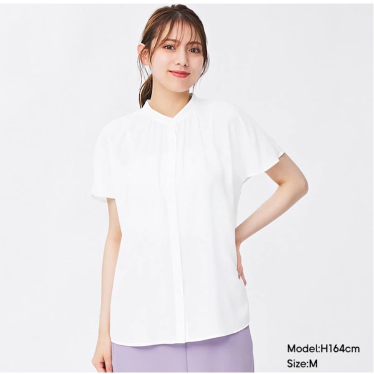 BLOUSE WANITA GU Airy band collar  TANGAN PENDEK-8
