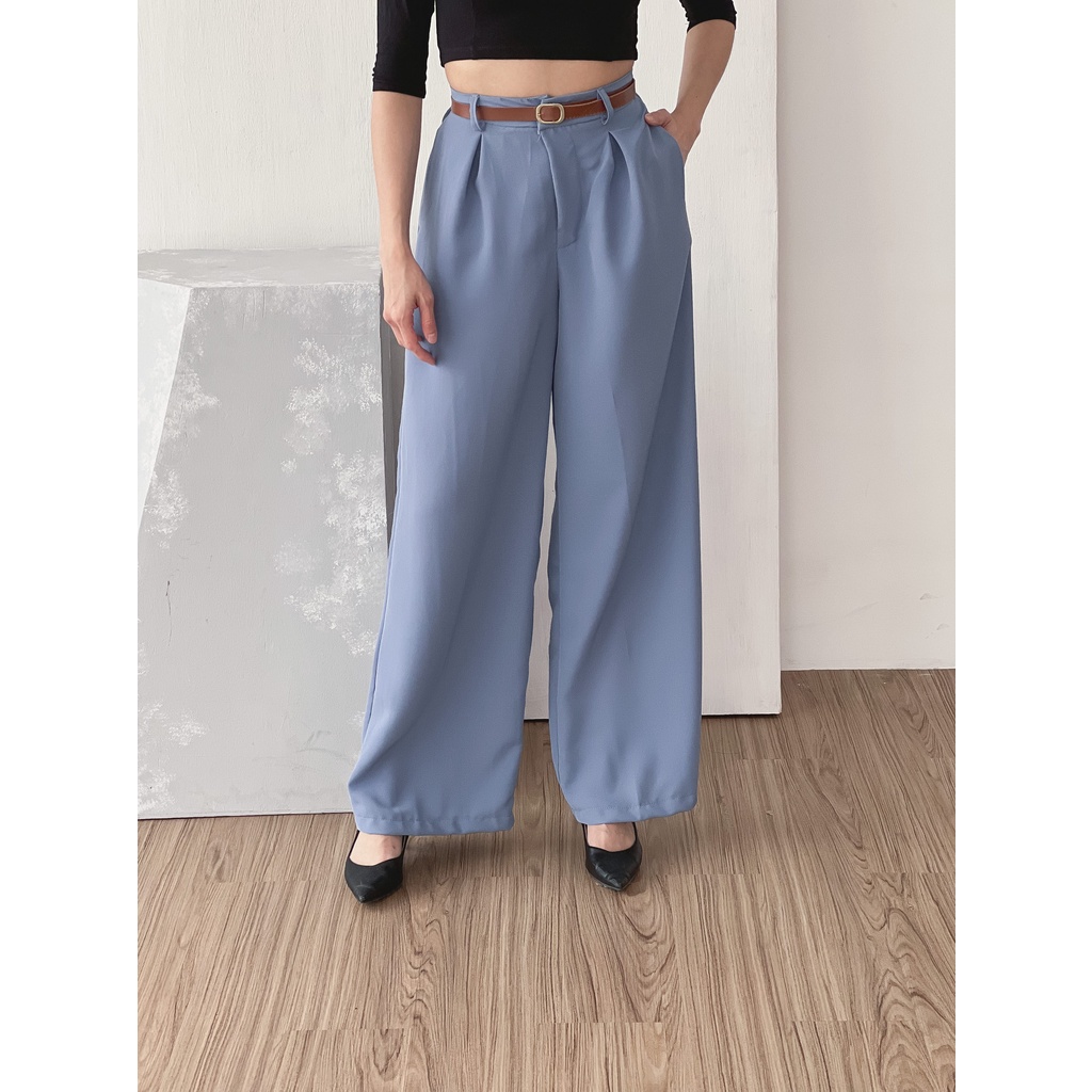 Hanna Pants Casual Celana Kekinian Formal Bawahan Panjang Bahan Premium Fashion Wanita-blue