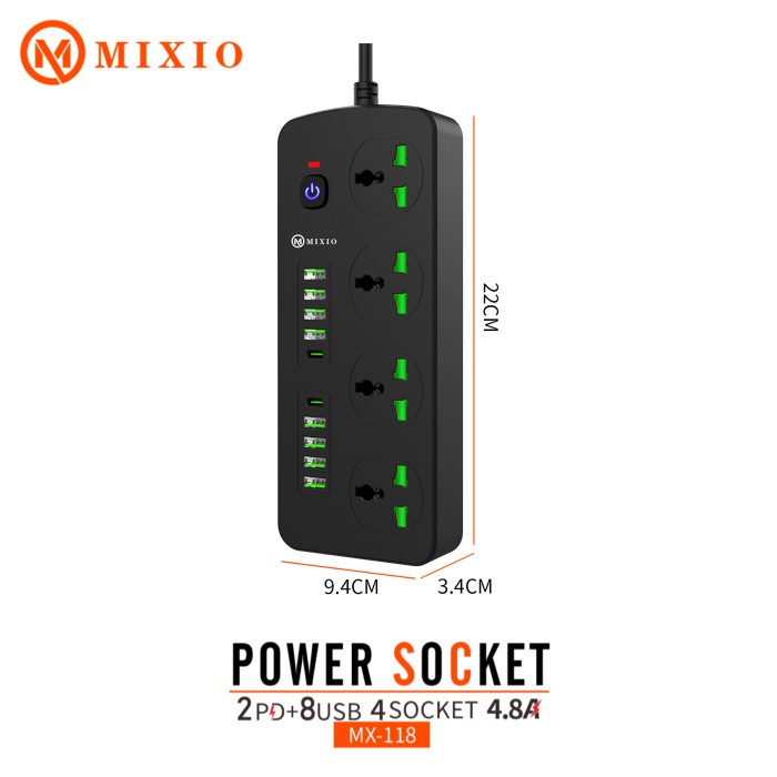 MIXIO MX-118 4.8A Power Socket Charger 2PD+8 USB+4 Socket