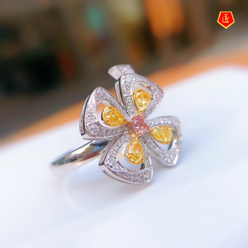 [Ready Stock]Pt950 Yellow Diamond Clover Flower Pink Crystal Ring Elegant Sweet