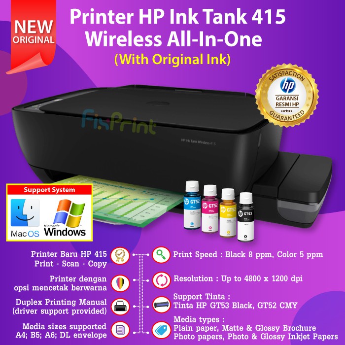 Printer Ink Tank HP 415 Print Scan Copy WiFi All-in-One Wireless With Tinta GT51 GT52 Support MAC OS